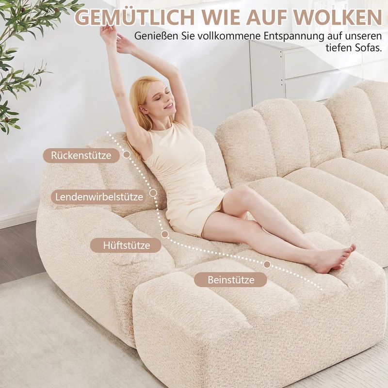 Canapé modulaire 2 places beige blanc avec pouf (effet méridienne), tissu polaire capitonné, sans montage prêt à l'emploi CHESTWALNUT