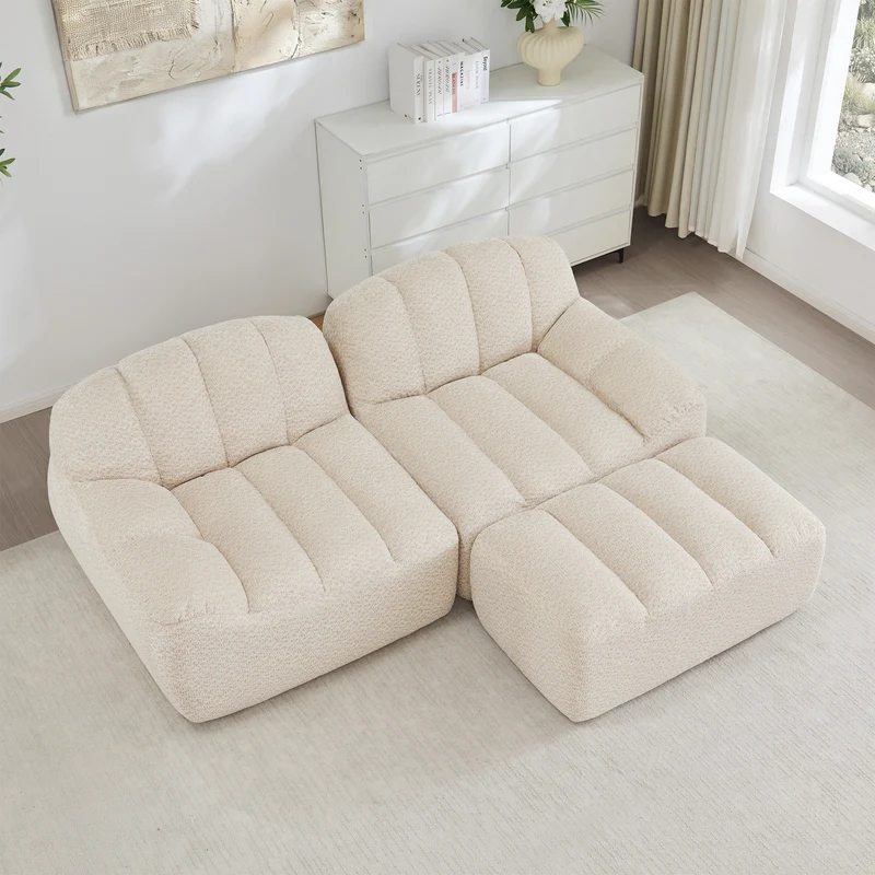Canapé modulaire 2 places beige blanc avec pouf (effet méridienne), tissu polaire capitonné, sans montage prêt à l'emploi CHESTWALNUT