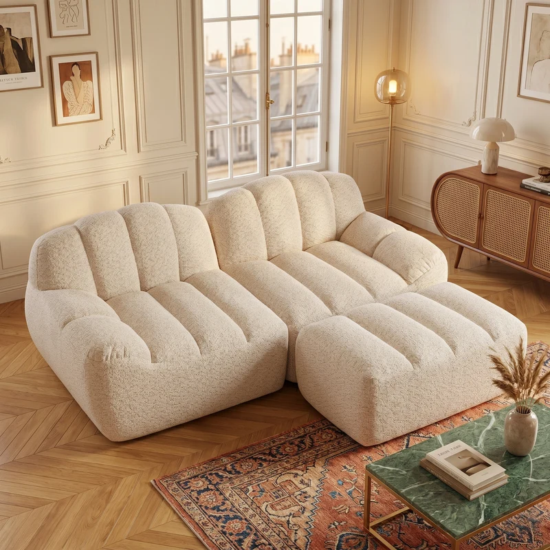 Canapé modulaire 2 places beige blanc avec pouf (effet méridienne), tissu polaire capitonné, sans montage prêt à l'emploi CHESTWALNUT