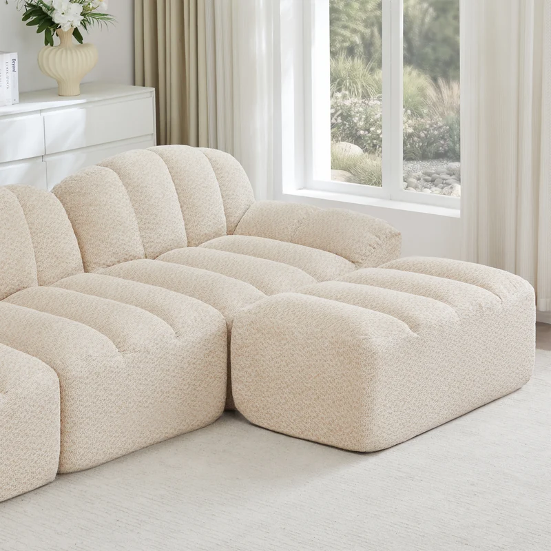 Canapé modulaire 2 places beige blanc avec pouf (effet méridienne), tissu polaire capitonné, sans montage prêt à l'emploi CHESTWALNUT