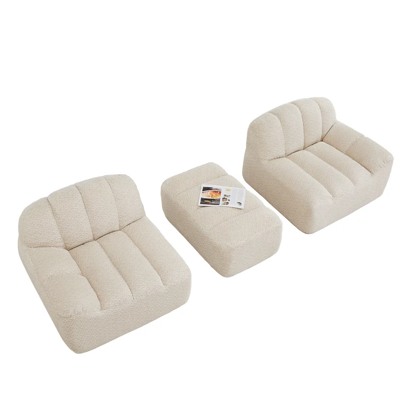 Canapé modulaire 2 places beige blanc avec pouf (effet méridienne), tissu polaire capitonné, sans montage prêt à l'emploi CHESTWALNUT