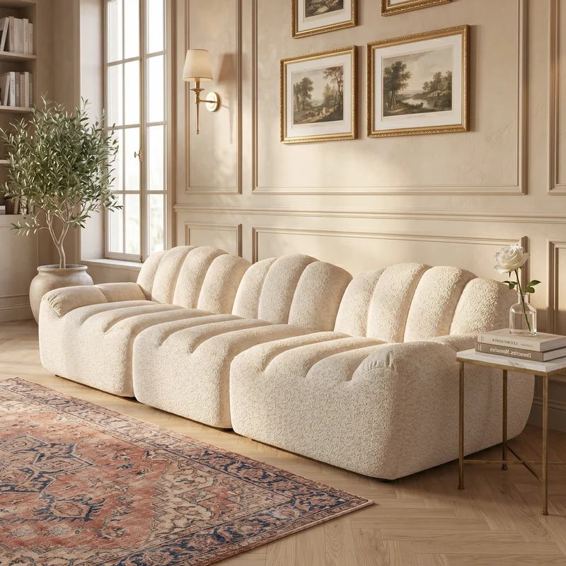 Canapé modulaire 3 places beige blanc avec pouf, tissu polaire capitonné, sans montage prêt à l'emploi CHESTSPACE