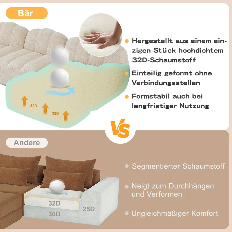Canapé modulaire 3 places beige blanc avec pouf, tissu polaire capitonné, sans montage prêt à l'emploi CHESTSPACE