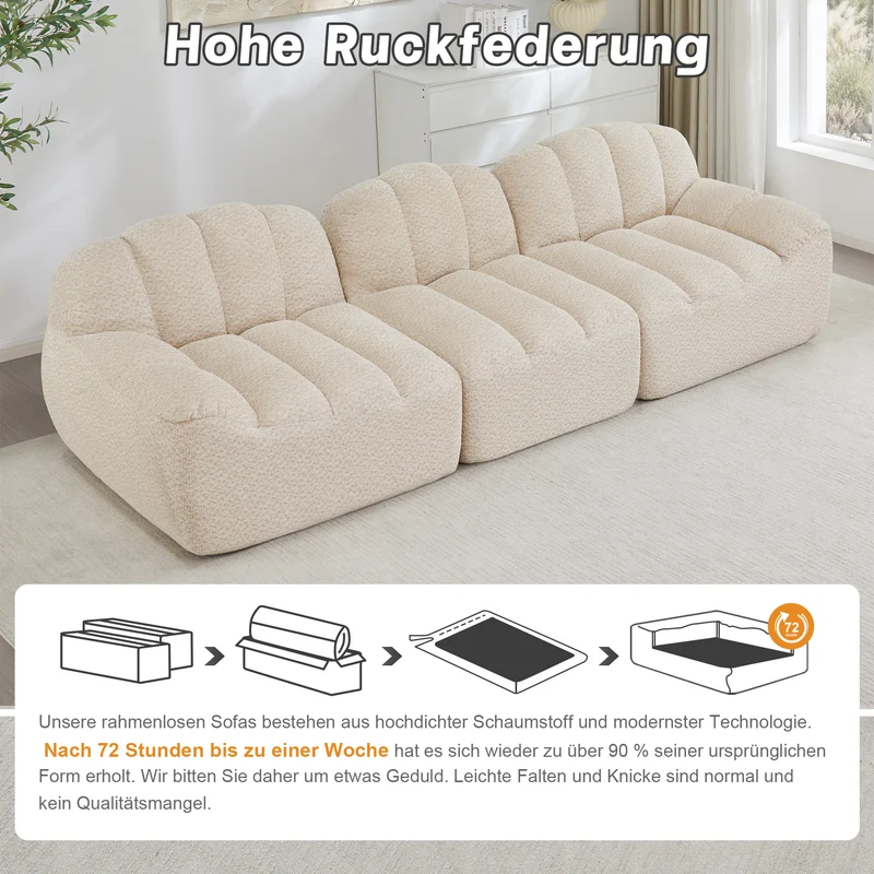 Canapé modulaire 3 places beige blanc avec pouf, tissu polaire capitonné, sans montage prêt à l'emploi CHESTSPACE