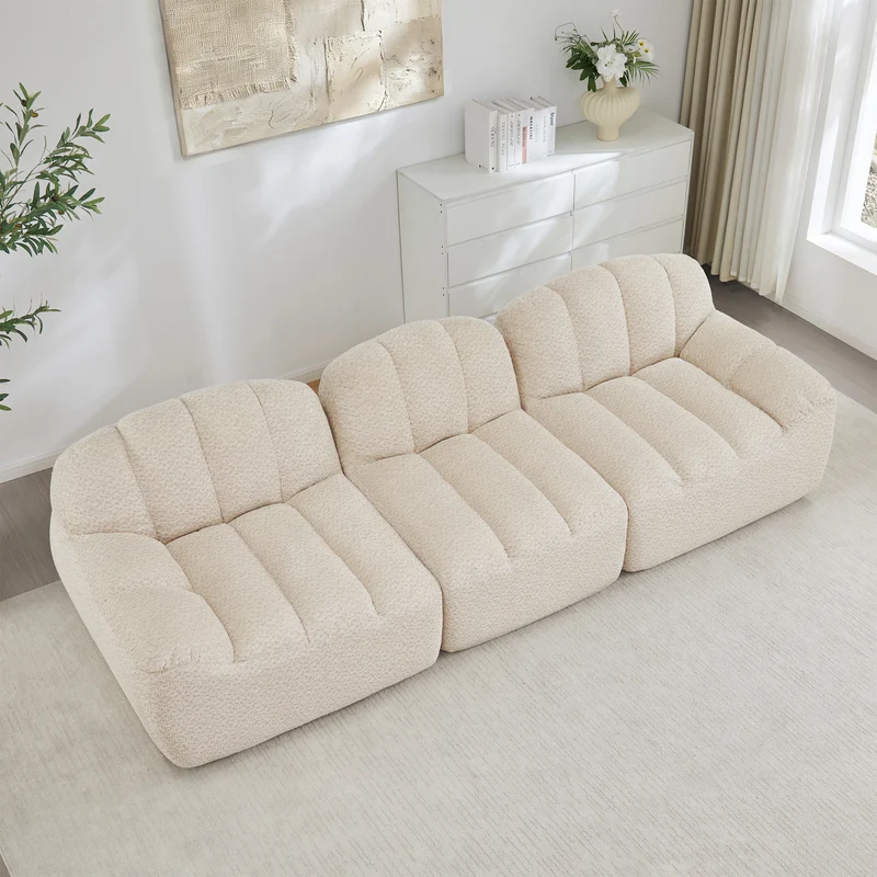 Canapé modulaire 3 places beige blanc avec pouf, tissu polaire capitonné, sans montage prêt à l'emploi CHESTSPACE