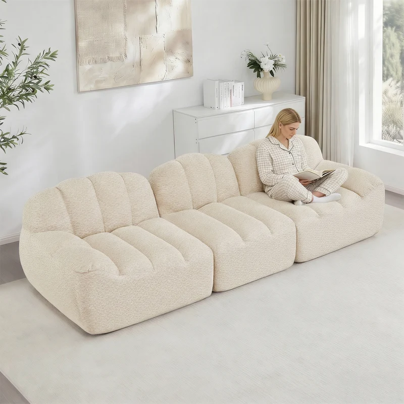 Canapé modulaire 3 places beige blanc avec pouf, tissu polaire capitonné, sans montage prêt à l'emploi CHESTSPACE