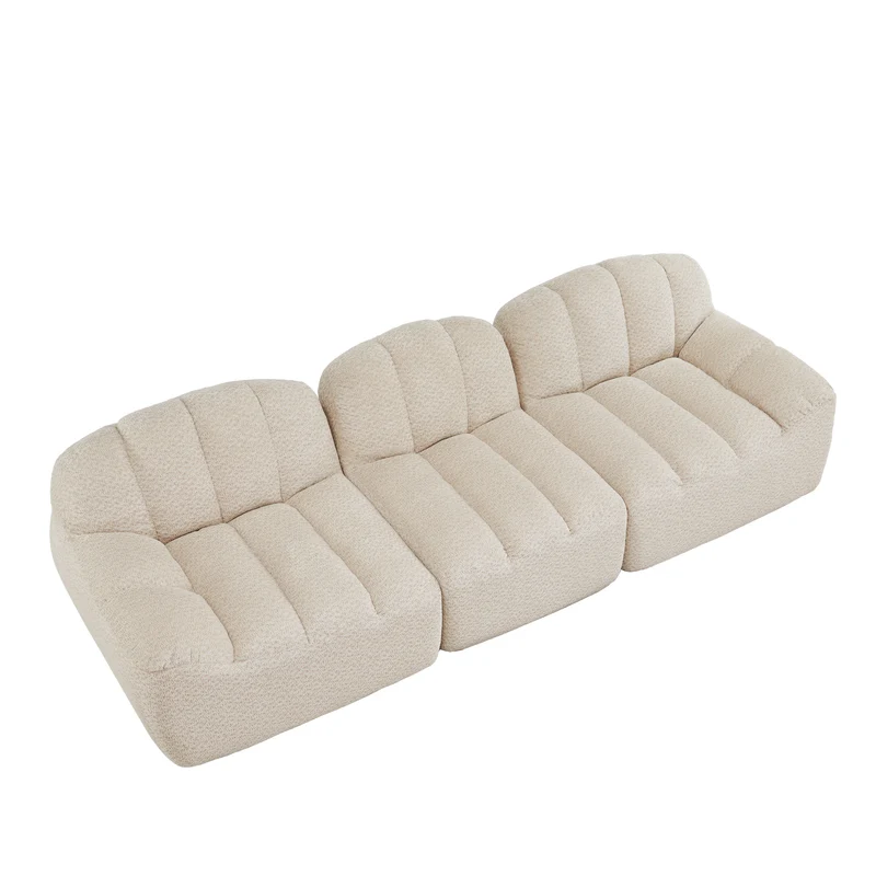 Canapé modulaire 3 places beige blanc avec pouf, tissu polaire capitonné, sans montage prêt à l'emploi CHESTSPACE