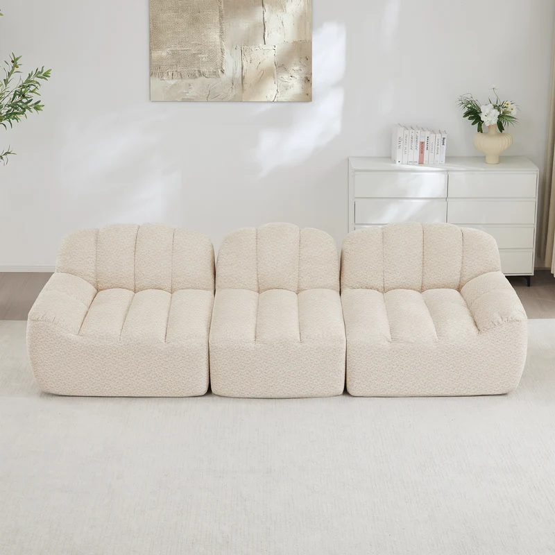 Canapé modulaire 3 places beige blanc avec pouf, tissu polaire capitonné, sans montage prêt à l'emploi CHESTSPACE
