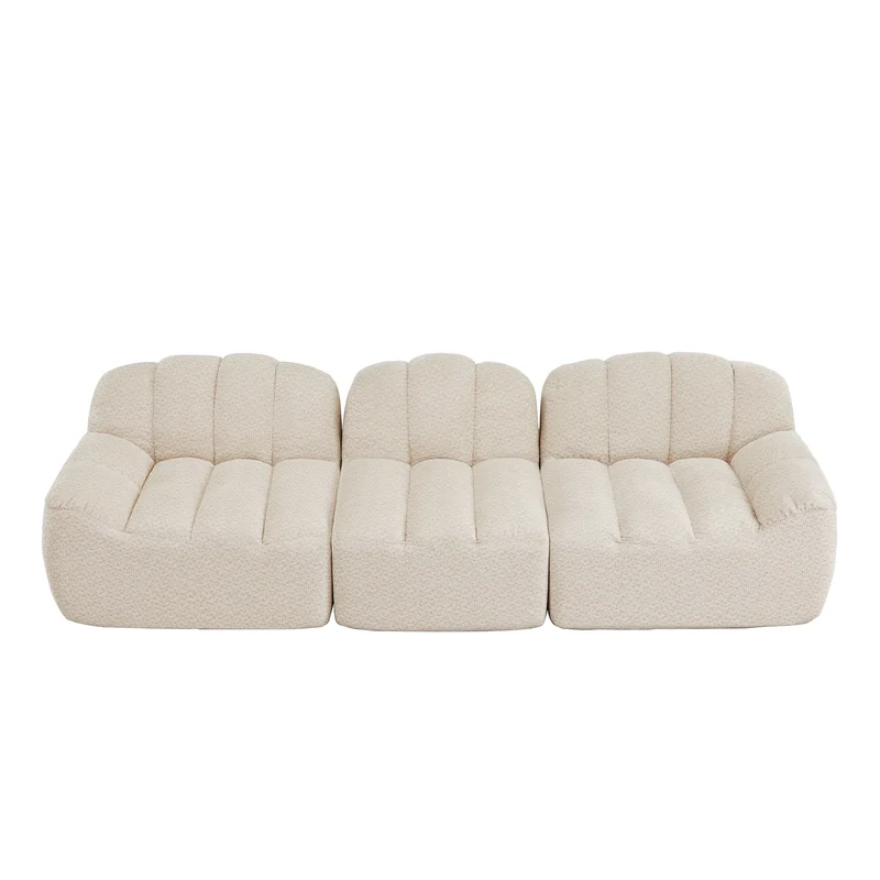 Canapé modulaire 3 places beige blanc avec pouf, tissu polaire capitonné, sans montage prêt à l'emploi CHESTSPACE