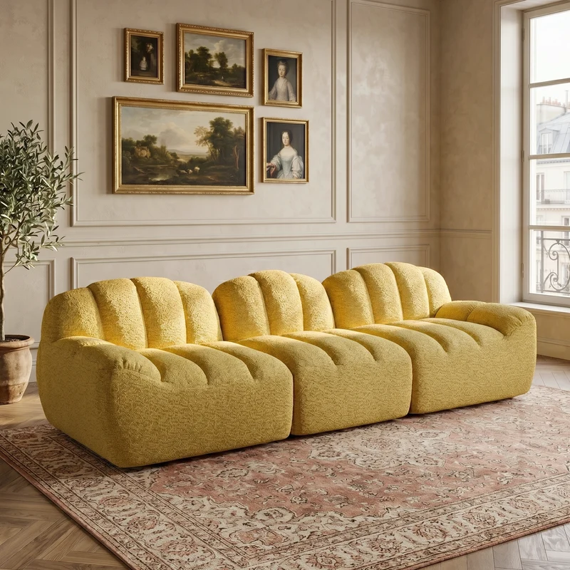 Canapé modulaire 3 places jaune moutard avec pouf, tissu polaire capitonné, sans montage prêt à l'emploi CHESTRATTAN