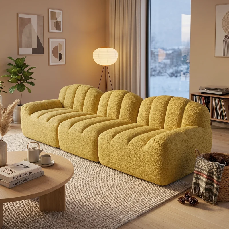 Canapé modulaire 3 places jaune moutard avec pouf, tissu polaire capitonné, sans montage prêt à l'emploi CHESTRATTAN