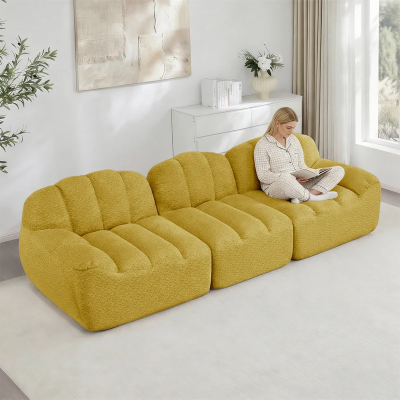 Canapé modulaire 3 places jaune moutard avec pouf, tissu polaire capitonné, sans montage prêt à l'emploi CHESTRATTAN