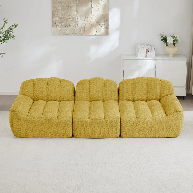 Canapé modulaire 3 places jaune moutard avec pouf, tissu polaire capitonné, sans montage prêt à l'emploi CHESTRATTAN