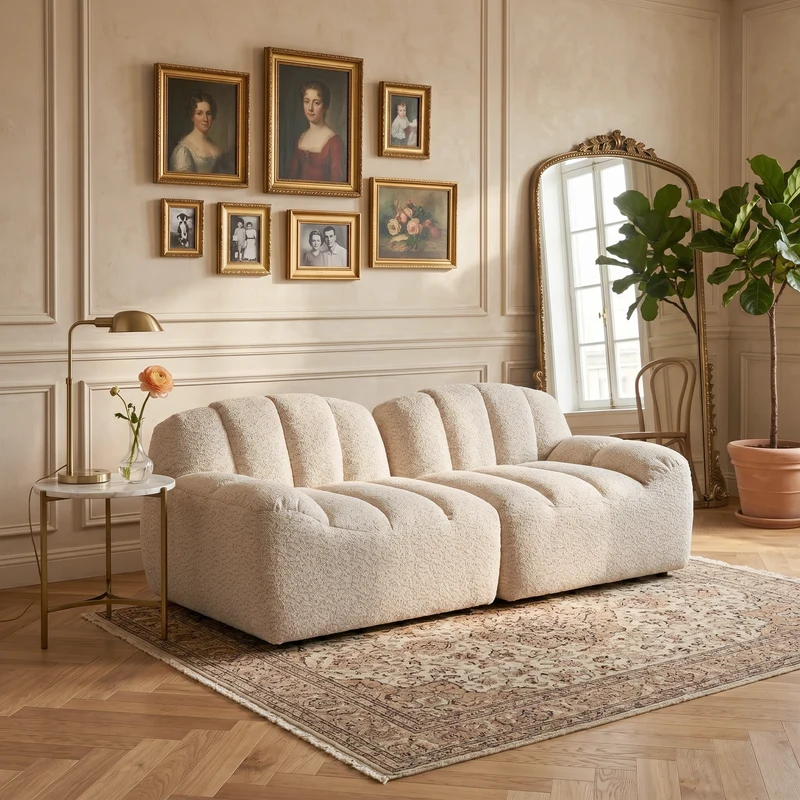 Canapé modulable 2 places beige blanc, tissu polaire capitonné, sans montage prêt à l'emploi CHESTSETCHESTSTONE