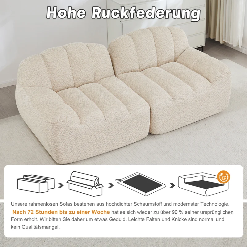 Canapé modulable 2 places beige blanc, tissu polaire capitonné, sans montage prêt à l'emploi CHESTSETCHESTSTONE