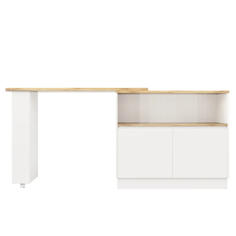 Îlot de cuisine table de bar rotative 360° blanc et effet bois avec portes coulissantes en verre 90x45x100cm ALUMINUMPLANT
