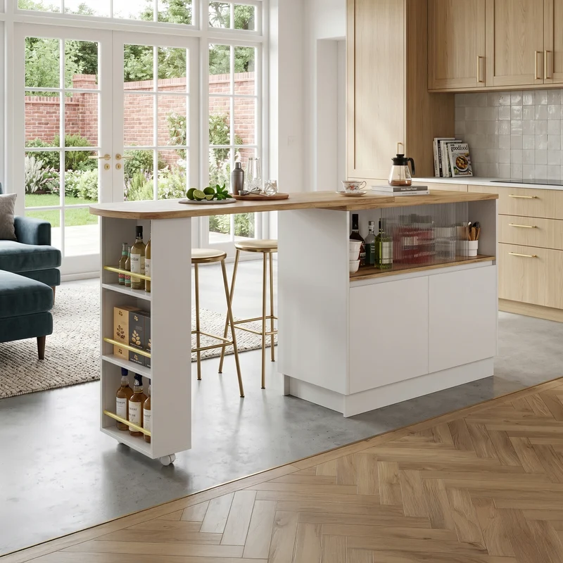 Îlot de cuisine table de bar rotative 360° blanc et effet bois avec portes coulissantes en verre 90x45x100cm ALUMINUMPLANT