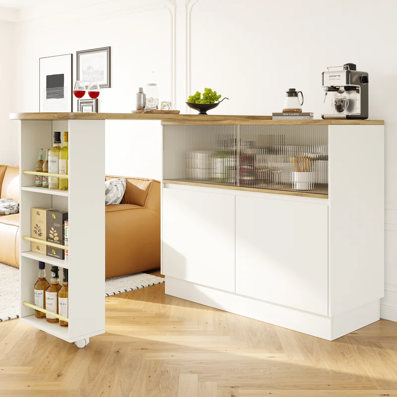 Îlot de cuisine table de bar rotative 360° blanc et effet bois avec portes coulissantes en verre 90x45x100cm ALUMINUMPLANT
