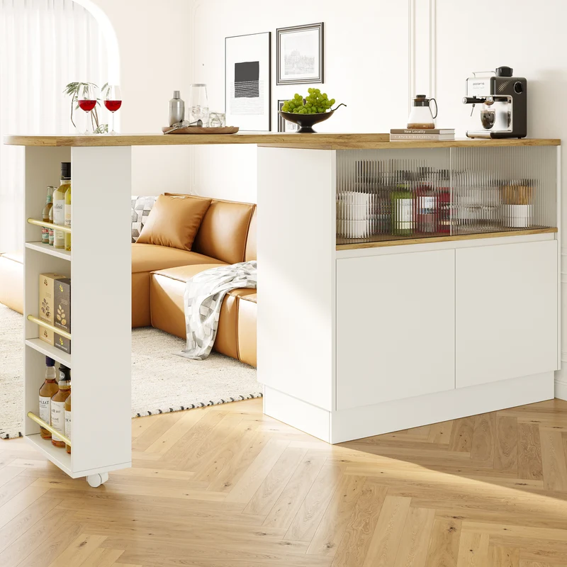 Îlot de cuisine table de bar rotative 360° blanc et effet bois avec portes coulissantes en verre 90x45x100cm ALUMINUMPLANT