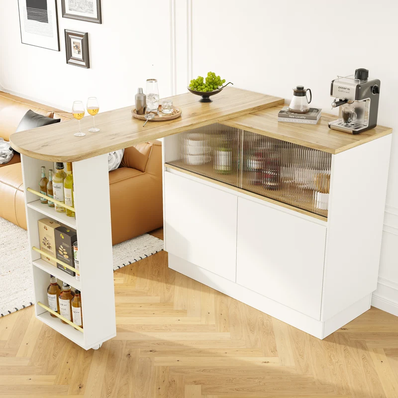 Îlot de cuisine table de bar rotative 360° blanc et effet bois avec portes coulissantes en verre 90x45x100cm ALUMINUMPLANT