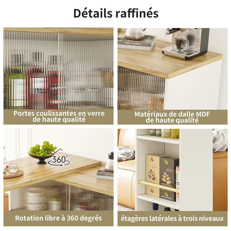 Îlot de cuisine table de bar rotative 360° blanc et effet bois avec portes coulissantes en verre 90x45x100cm ALUMINUMPLANT