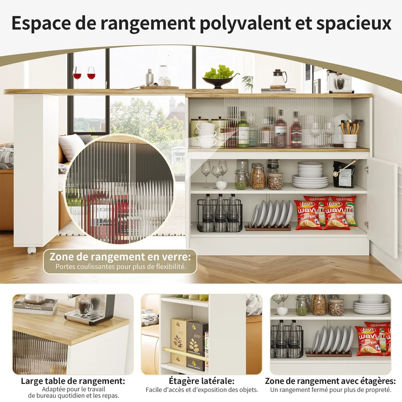 Îlot de cuisine table de bar rotative 360° blanc et effet bois avec portes coulissantes en verre 90x45x100cm ALUMINUMPLANT