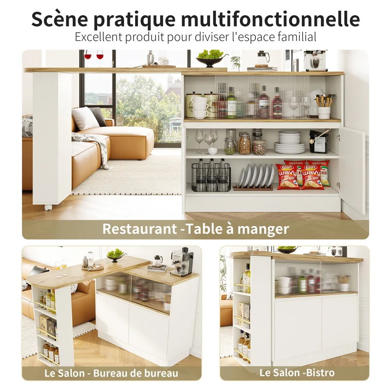 Îlot de cuisine table de bar rotative 360° blanc et effet bois avec portes coulissantes en verre 90x45x100cm ALUMINUMPLANT