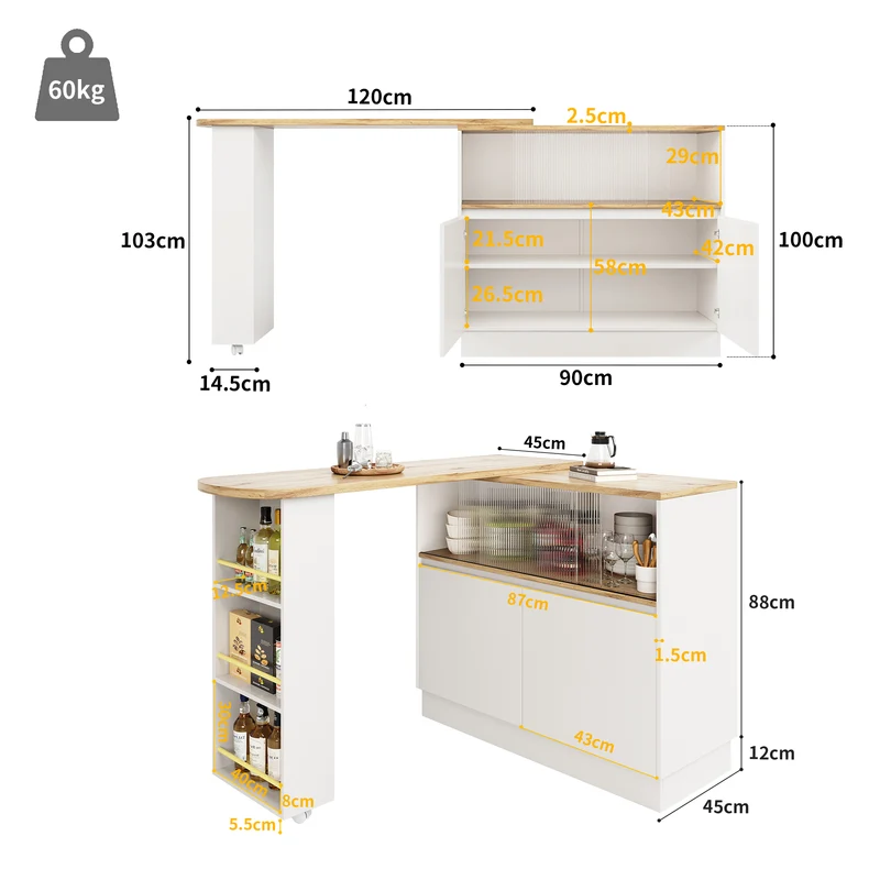 Îlot de cuisine table de bar rotative 360° blanc et effet bois avec portes coulissantes en verre 90x45x100cm ALUMINUMPLANT