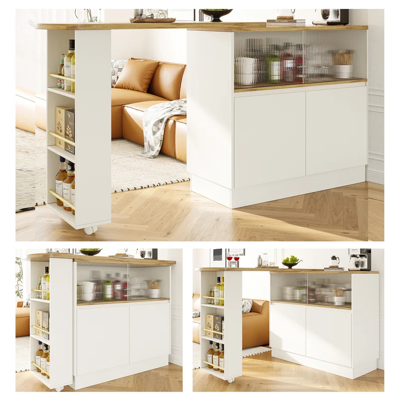 Îlot de cuisine table de bar rotative 360° blanc et effet bois avec portes coulissantes en verre 90x45x100cm ALUMINUMPLANT