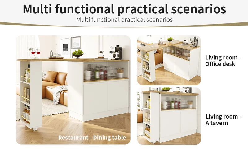 Îlot de cuisine table de bar rotative 360° blanc et effet bois avec portes coulissantes en verre 90x45x100cm ALUMINUMPLANT