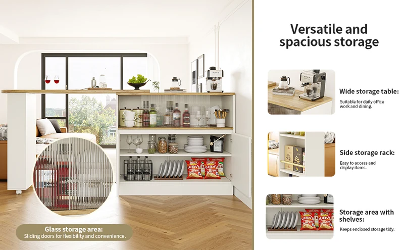 Îlot de cuisine table de bar rotative 360° blanc et effet bois avec portes coulissantes en verre 90x45x100cm ALUMINUMPLANT