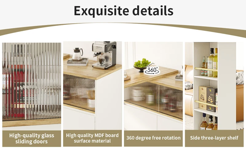 Îlot de cuisine table de bar rotative 360° blanc et effet bois avec portes coulissantes en verre 90x45x100cm ALUMINUMPLANT