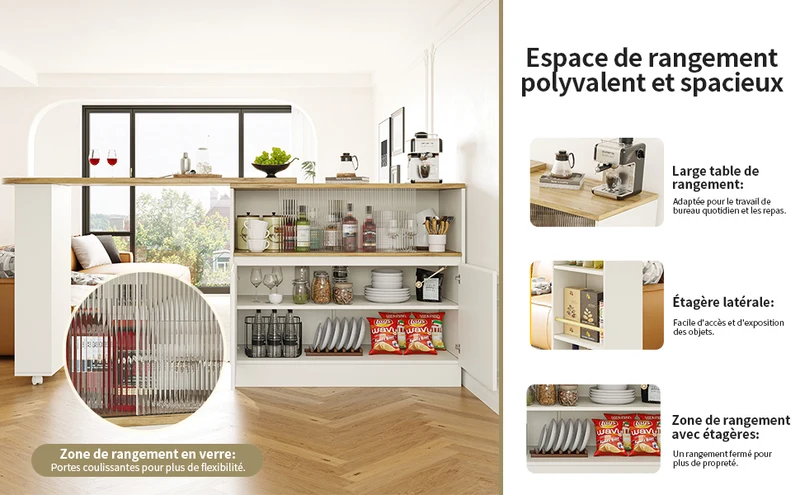 Îlot de cuisine table de bar rotative 360° blanc et effet bois avec portes coulissantes en verre 90x45x100cm ALUMINUMPLANT