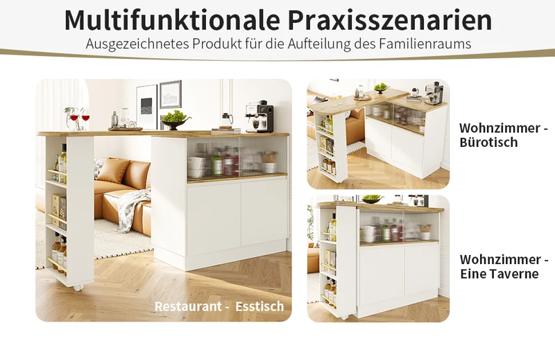 Îlot de cuisine table de bar rotative 360° blanc et effet bois avec portes coulissantes en verre 90x45x100cm ALUMINUMPLANT