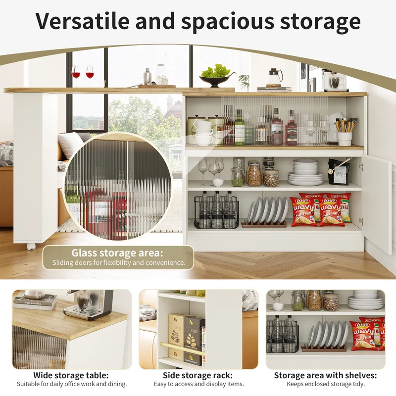 Îlot de cuisine table de bar rotative 360° blanc et effet bois avec portes coulissantes en verre 90x45x100cm ALUMINUMPLANT