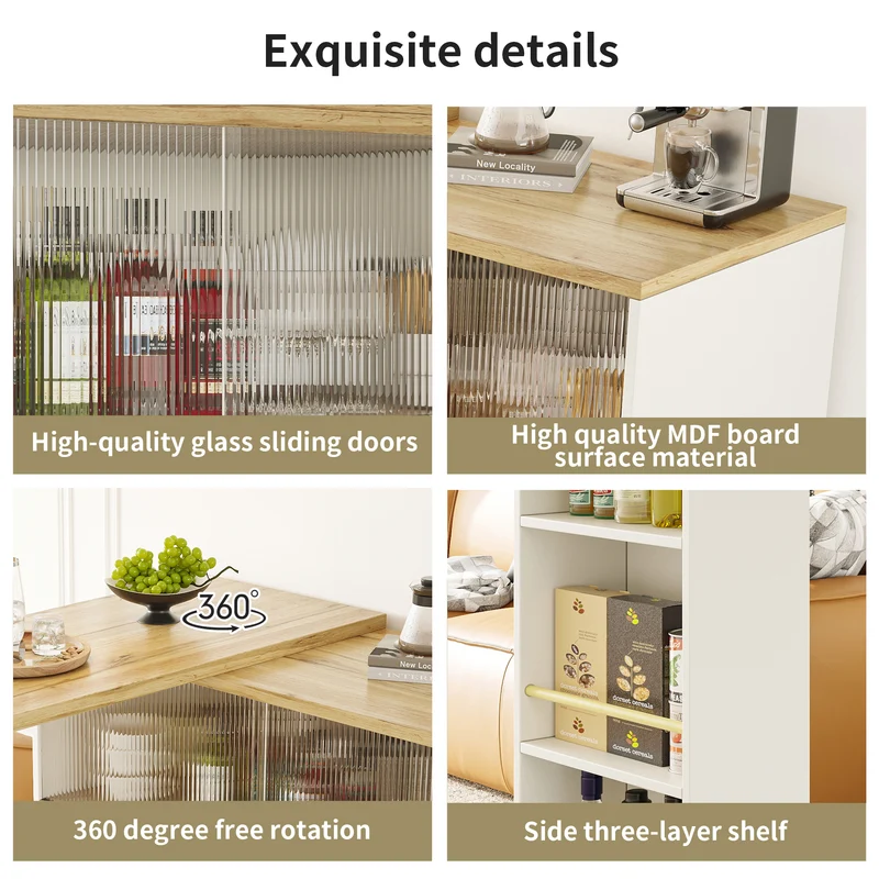 Îlot de cuisine table de bar rotative 360° blanc et effet bois avec portes coulissantes en verre 90x45x100cm ALUMINUMPLANT