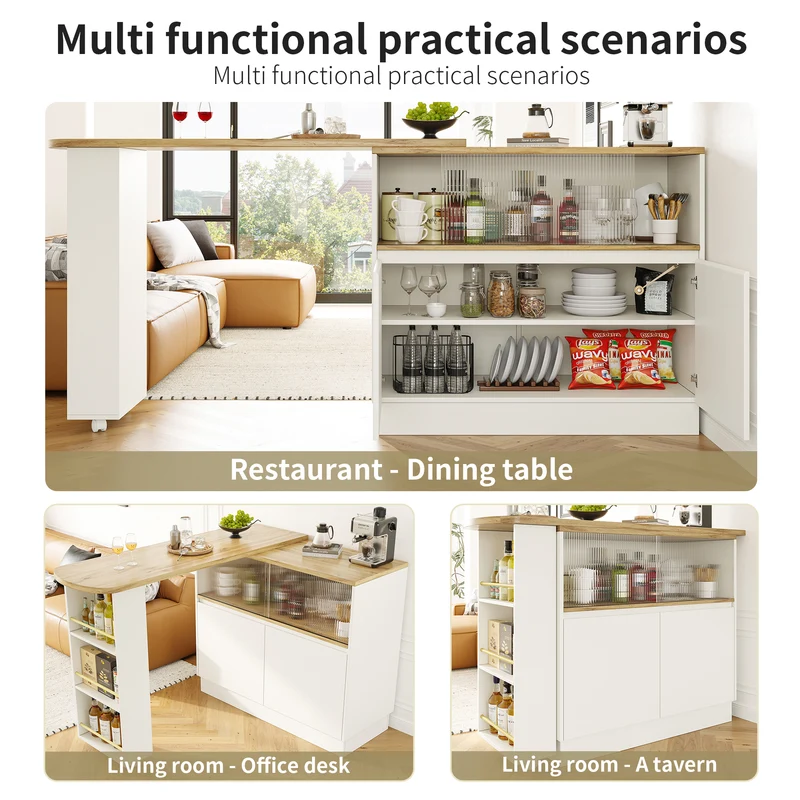 Îlot de cuisine table de bar rotative 360° blanc et effet bois avec portes coulissantes en verre 90x45x100cm ALUMINUMPLANT