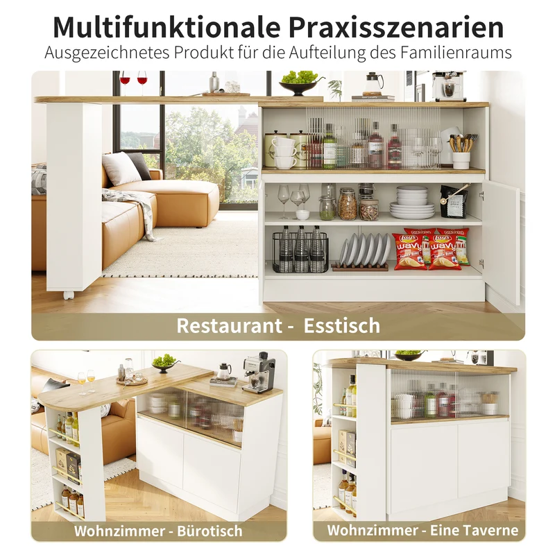 Îlot de cuisine table de bar rotative 360° blanc et effet bois avec portes coulissantes en verre 90x45x100cm ALUMINUMPLANT