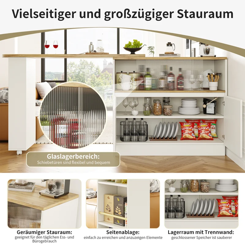 Îlot de cuisine table de bar rotative 360° blanc et effet bois avec portes coulissantes en verre 90x45x100cm ALUMINUMPLANT