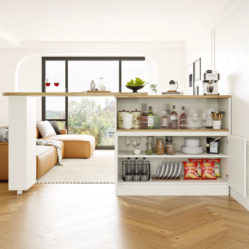 Îlot de cuisine table de bar rotative 360° blanc et effet bois avec portes coulissantes en verre 90x45x100cm ALUMINUMPLANT