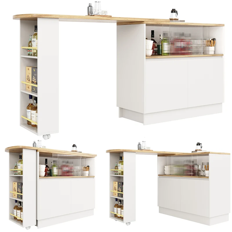 Îlot de cuisine table de bar rotative 360° blanc et effet bois avec portes coulissantes en verre 90x45x100cm ALUMINUMPLANT