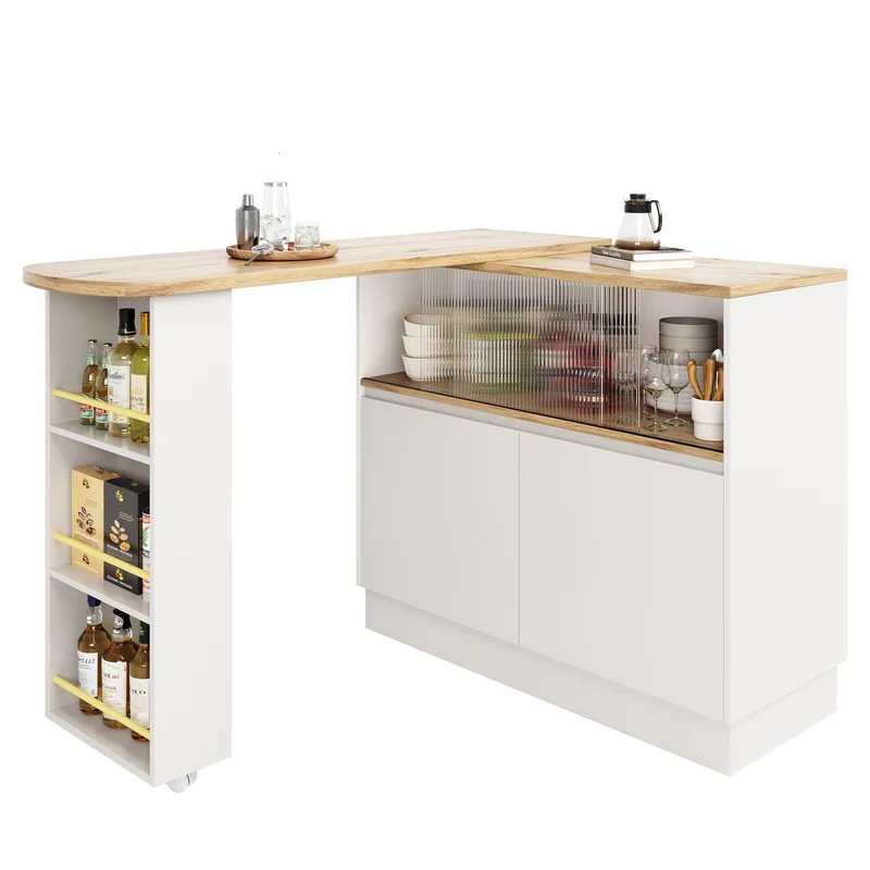 Îlot de cuisine table de bar rotative 360° blanc et effet bois avec portes coulissantes en verre 90x45x100cm ALUMINUMPLANT