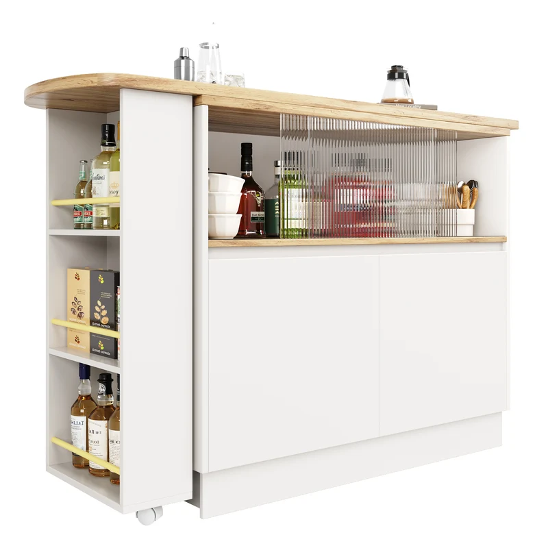 Îlot de cuisine table de bar rotative 360° blanc et effet bois avec portes coulissantes en verre 90x45x100cm ALUMINUMPLANT