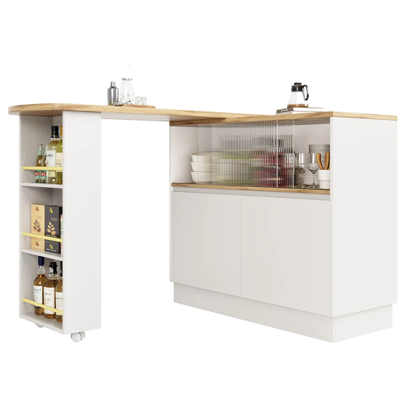 Îlot de cuisine table de bar rotative 360° blanc et effet bois avec portes coulissantes en verre 90x45x100cm ALUMINUMPLANT