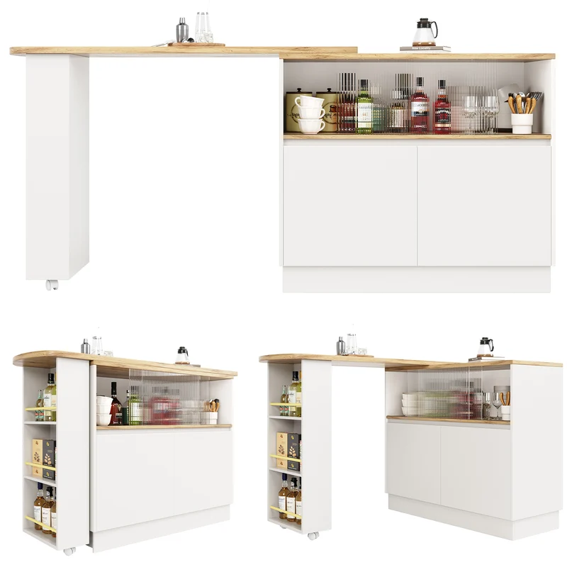 Îlot de cuisine table de bar rotative 360° blanc et effet bois avec portes coulissantes en verre 90x45x100cm ALUMINUMPLANT
