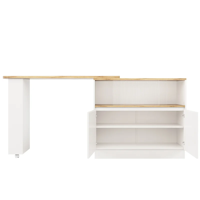 Îlot de cuisine table de bar rotative 360° blanc et effet bois avec portes coulissantes en verre 90x45x100cm ALUMINUMPLANT