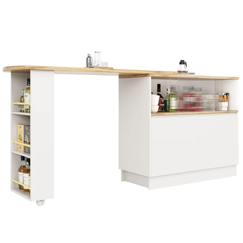 Îlot de cuisine table de bar rotative 360° blanc et effet bois avec portes coulissantes en verre 90x45x100cm ALUMINUMPLANT