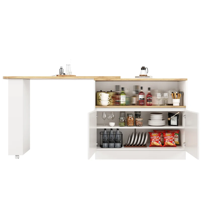 Îlot de cuisine table de bar rotative 360° blanc et effet bois avec portes coulissantes en verre 90x45x100cm ALUMINUMPLANT