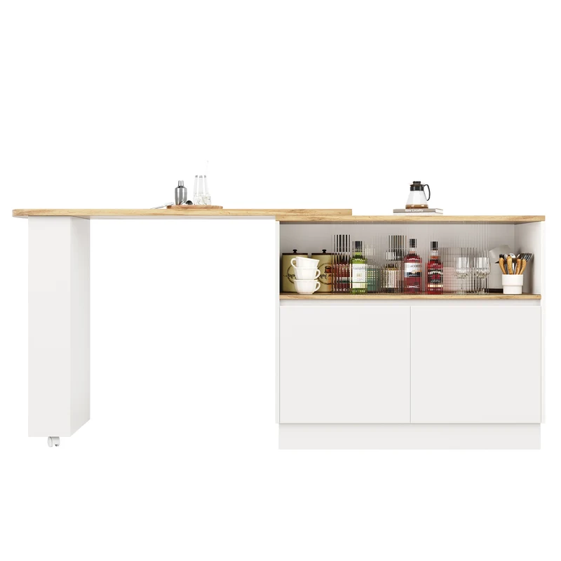 Îlot de cuisine table de bar rotative 360° blanc et effet bois avec portes coulissantes en verre 90x45x100cm ALUMINUMPLANT