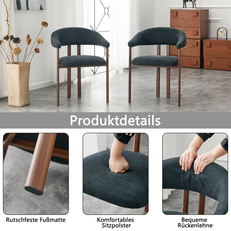 Lot de 2 chaises en lin noir, pieds métalliques effet bois noyer CLASSICCABINETHOME